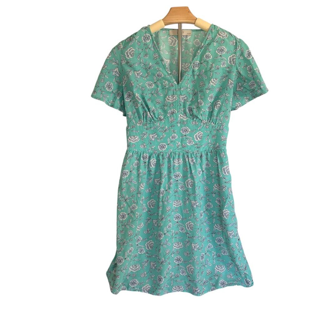 LOFT Turquoise Floral Dress Women's Size 6P Office Core Smocked Back Midi Dress - Picture 2 of 9